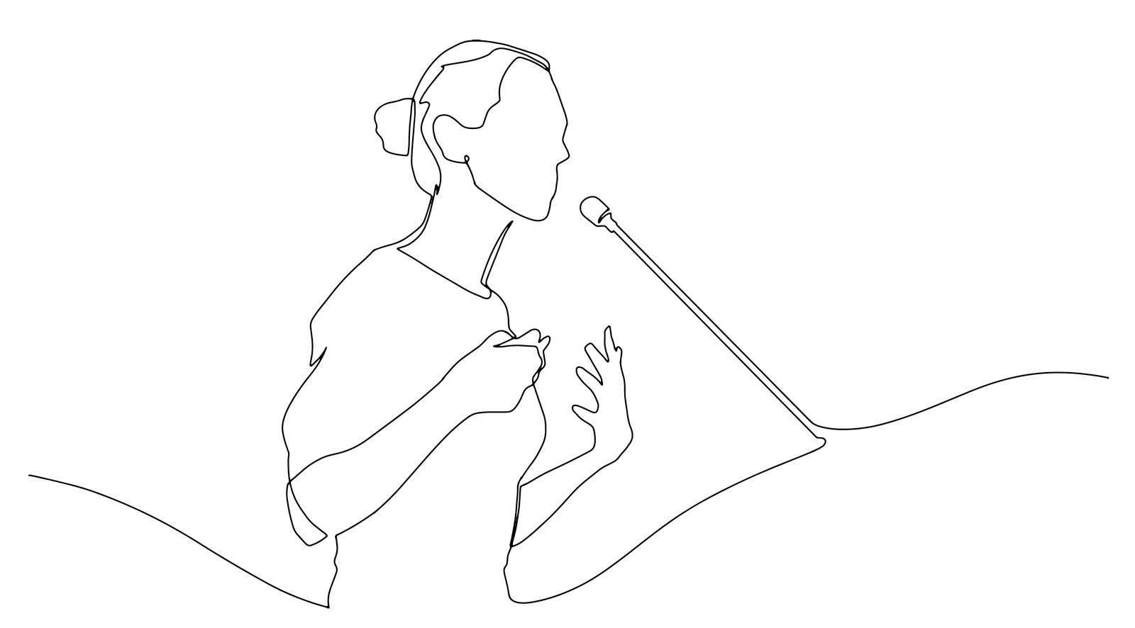 Illustration au trait d'une oratrice debout derrière un pupitre, un doigt levé, devant un micro